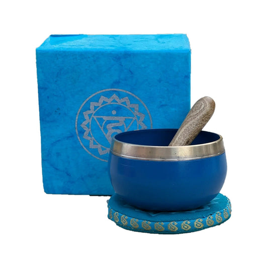 Buy Throat Chakra Singing Bowl Gift Set for Meditation & Sound Therapy - When the energy of the Vishuddha Chakra is imbalanced, communication breaks down. We refuse to listen to our inner Self and to others. Others are unable to understand us and feelings of loneliness surround us. Meditation on I speak. Balancing this chakra is important for the speech and communication areas of the brain. at Sacred Remedy Online