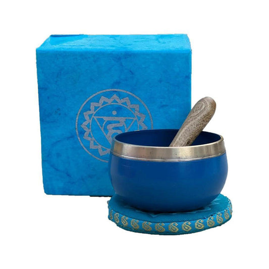 Throat Chakra Singing Bowl Gift Set for Meditation & Sound Therapy - When the energy of the Vishuddha Chakra is imbalanced, communication breaks down. We refuse to listen to our inner Self and to others. Others are unable to understand us and feelings of loneliness surround us. Meditation on I speak. Balancing this chakra is important for the speech and communication areas of the brain. Buy Now at Sacred Remedy