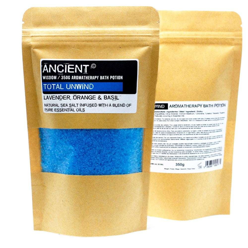 Buy Total Unwind: Aromatherapy Bath Salts: Unwind & De-Stress - Lavender, Orange & Basil natural sea salt infused with a blend of pure essential oils. Calming properties of lavender oil help create a serene environment that is optimal for resting well & staying asleep. Its light, floral scent can also help ease feelings of tension & will make you feel at ease & peaceful emotionally at Sacred Remedy Online