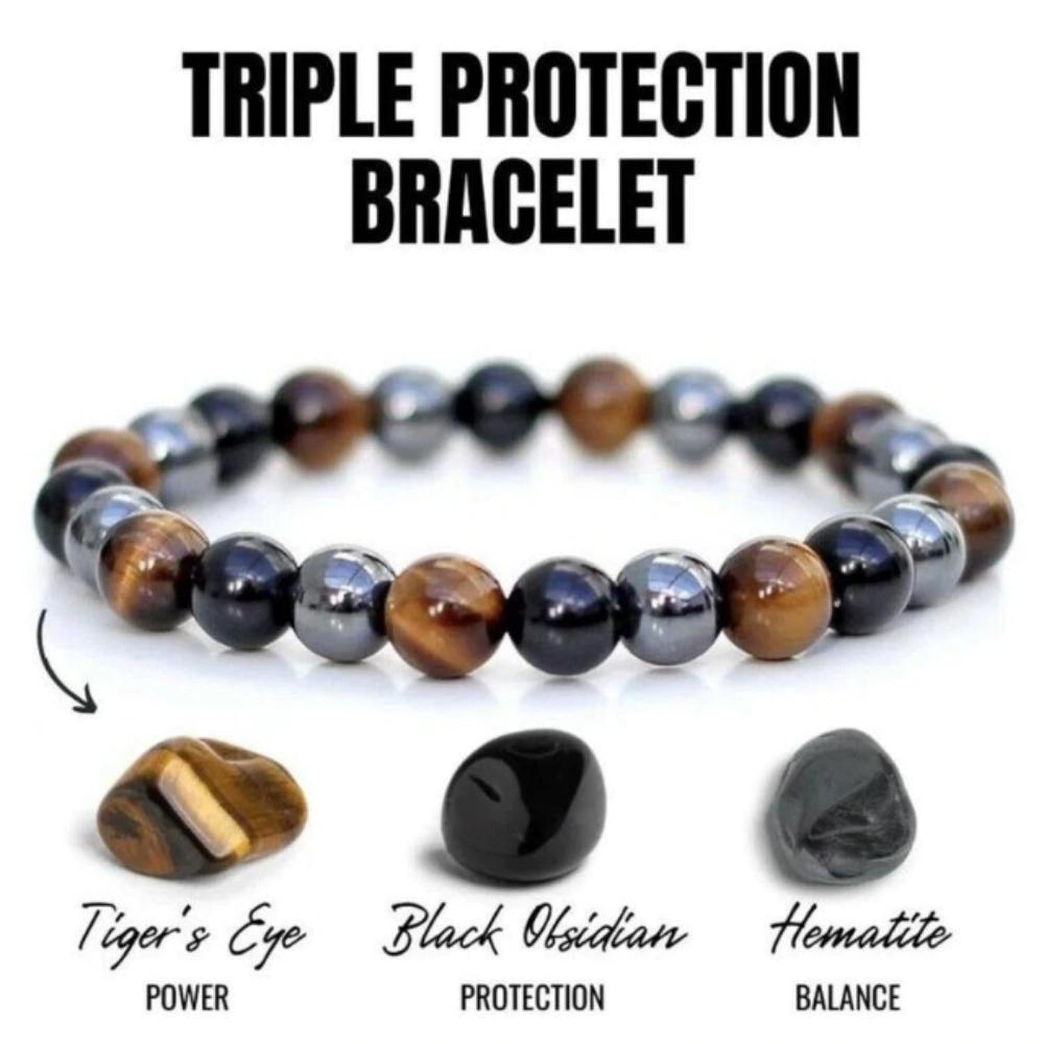 Triple Protection Bracelet - Tiger's Eye, Obsidian & Hematite - Unisex Triple Protection Bracelet featuring Tiger's Eye, Obsidian & Hematite. Shields against negative energy, provides EMF protection & boosts strength. Buy Now at Sacred Remedy