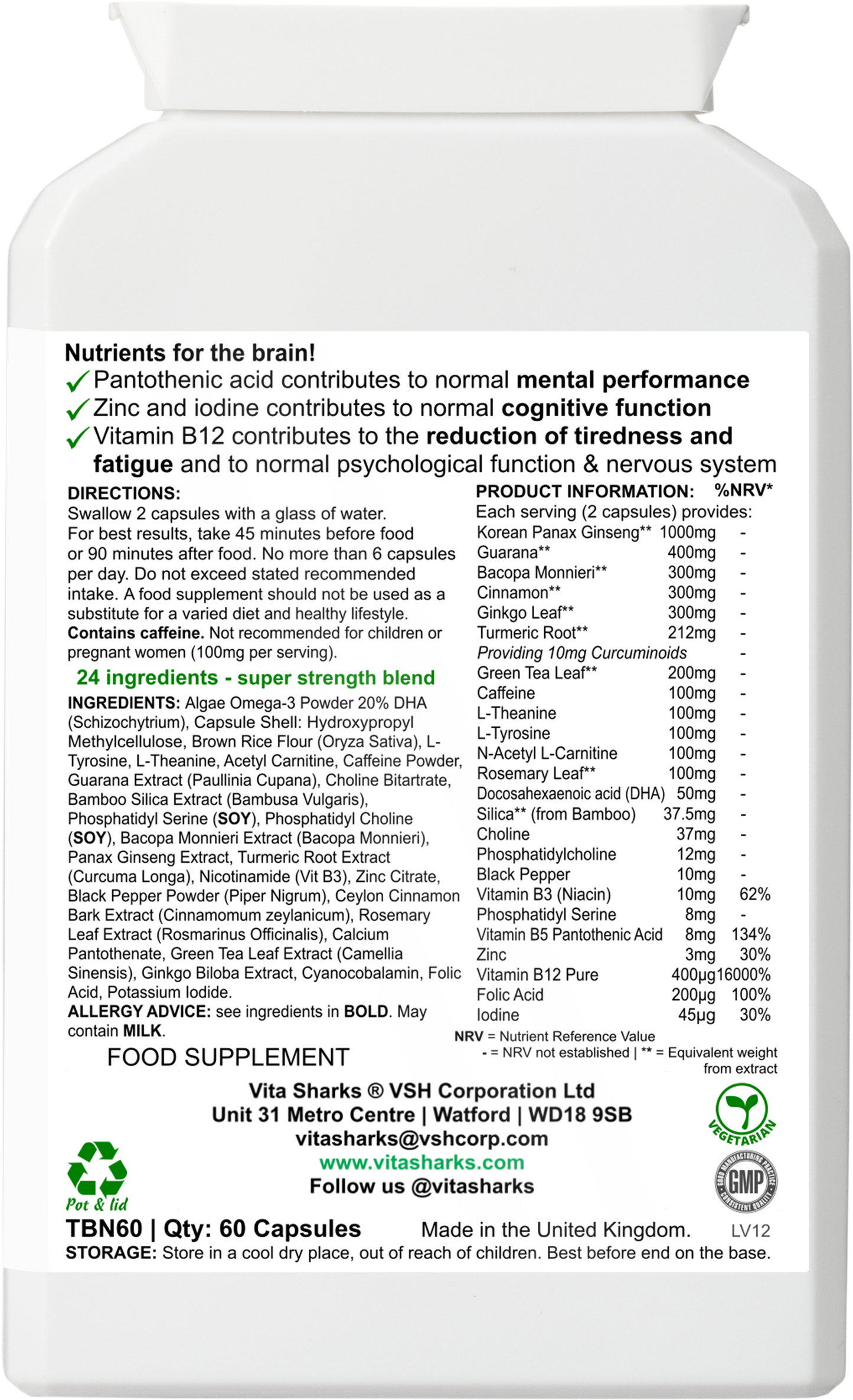 Buy VitaBrain Nootropic & Brain Food. Cognitive Enhancer for Concentration & Memory - A super-concentrated, powerful health supplement for the brain. A natural nootropic & nutritional cognitive enhancer, supporting focus, concentration, mental performance, memory recall & energy levels. Supports ability to think more clearly & provides valuable additional nutritional energy to your brain & body. at Sacred Remedy Online