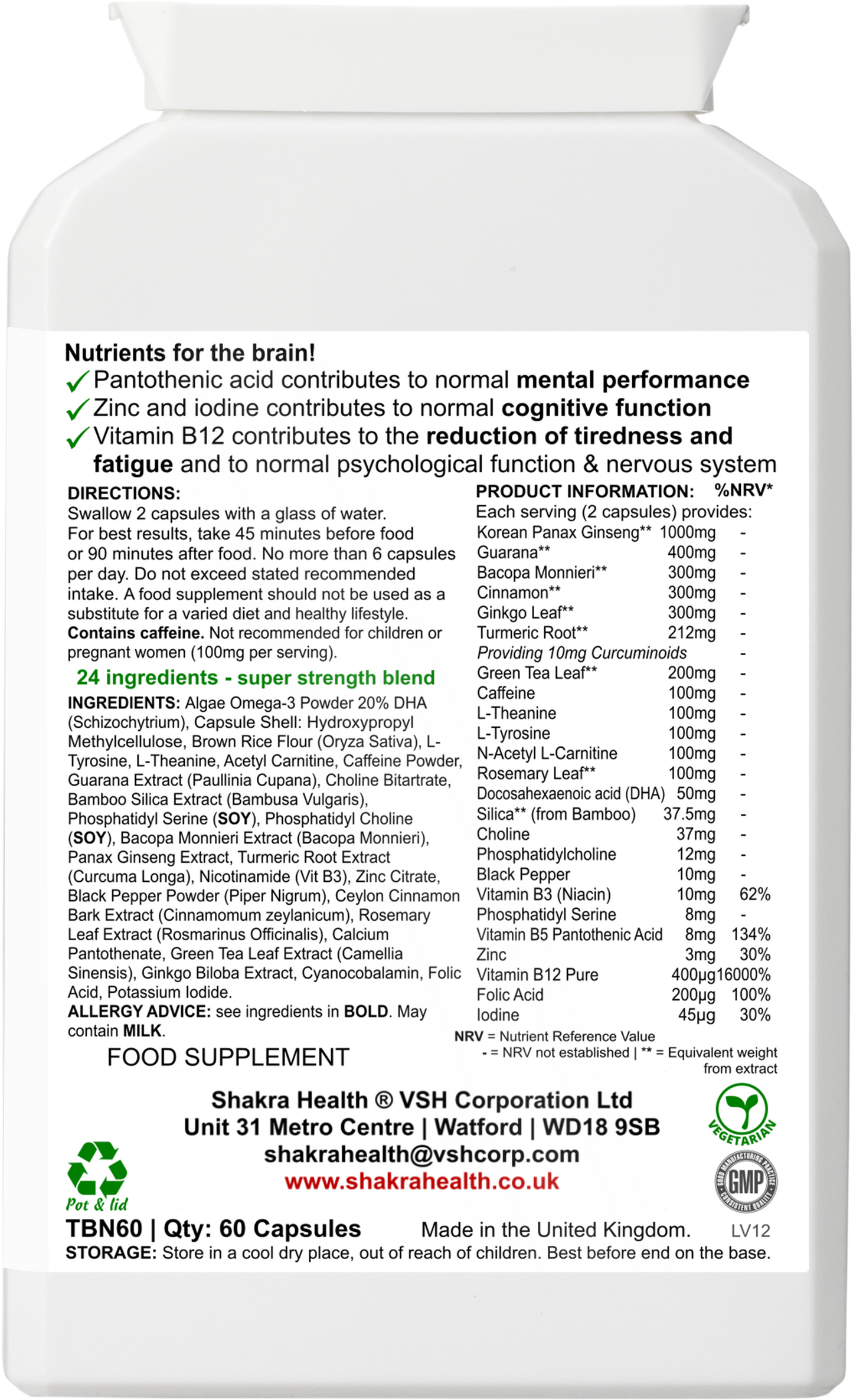 Buy Elevated Consciousness | Natural Nootropic & Brain Food Supplement by Shakra Health UK - A super-concentrated, powerful food supplement for the brain - a natural nootropic and nutritional cognitive enhancer. And more!

It contains a special combination of vitamin and mineral ingredients that support focus, concentration, mental performance, memory recall and energy levels. at Sacred Remedy Online