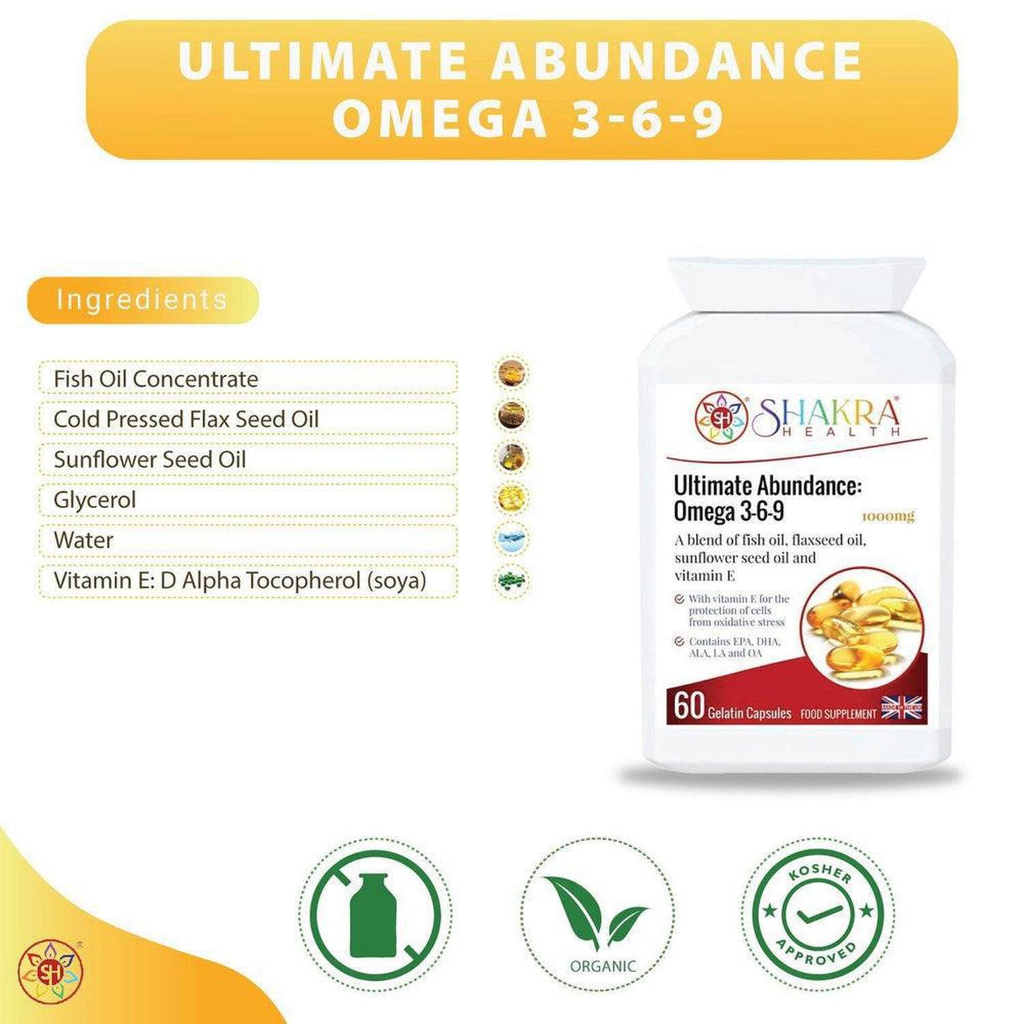 Ultimate Abundance: Omega 3-6-9 Oil High Strength 1000mg Gel Capsules high in EPA & DHA - Try Fish Oil by Shakra Health. Increasing intake of omega-3 fatty acids may be beneficial for cardio health, affecting everything from triglyceride levels to hypetension. You can easily get the benefits of fish oil without eating fish — just grab Ultimate Abundance: Omega 3-6-9! Buy Now at Sacred Remedy