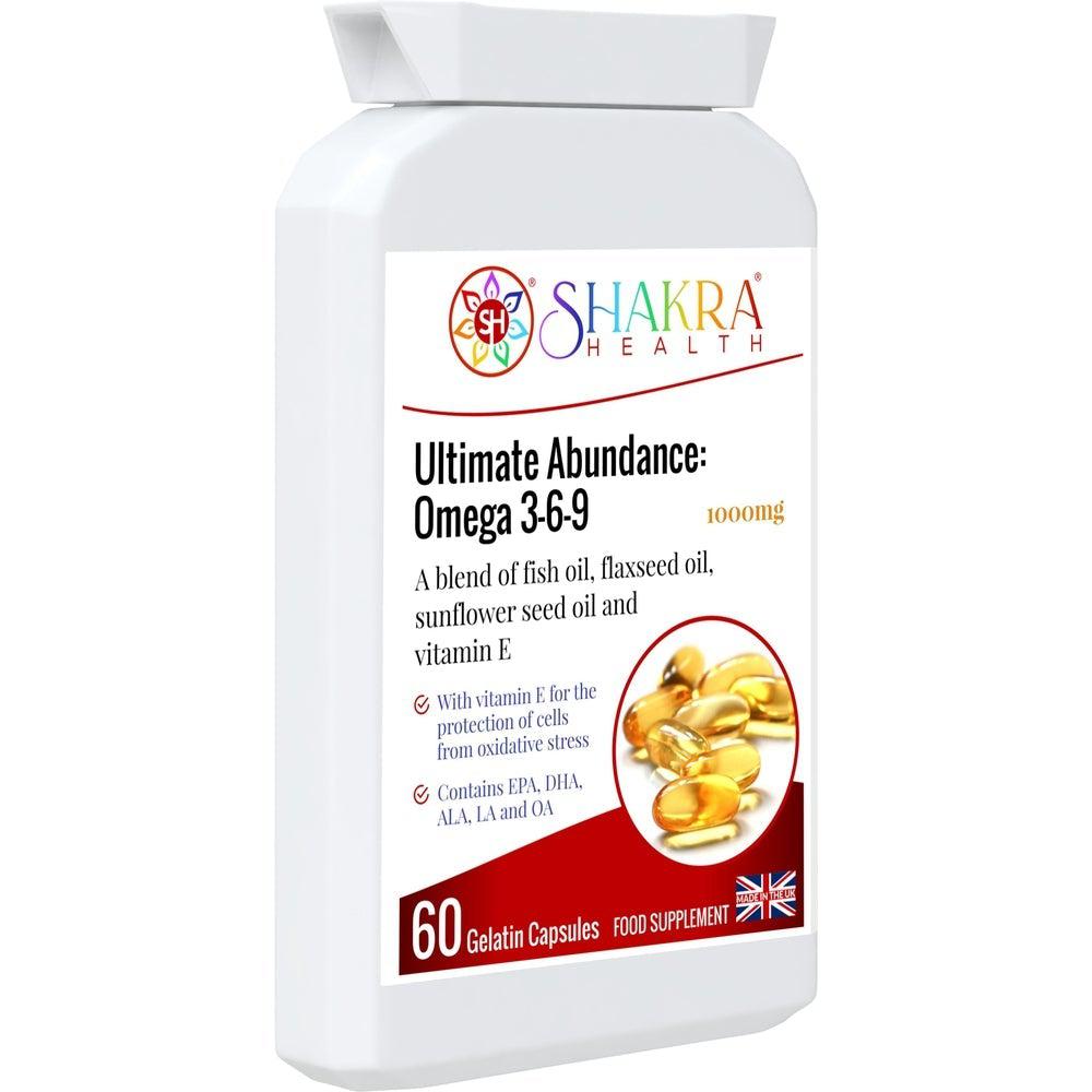 Buy Ultimate Abundance: Omega 3-6-9 Oil High Strength 1000mg Gel Capsules high in EPA & DHA - Try Fish Oil by Shakra Health. Increasing intake of omega-3 fatty acids may be beneficial for cardio health, affecting everything from triglyceride levels to hypetension. You can easily get the benefits of fish oil without eating fish — just grab Ultimate Abundance: Omega 3-6-9! at Sacred Remedy Online