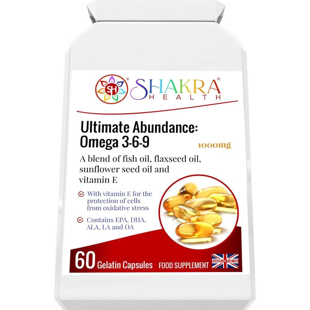 Buy Ultimate Abundance: Omega 3-6-9 Oil High Strength 1000mg Gel Capsules high in EPA & DHA - Try Fish Oil by Shakra Health. Increasing intake of omega-3 fatty acids may be beneficial for cardio health, affecting everything from triglyceride levels to hypetension. You can easily get the benefits of fish oil without eating fish — just grab Ultimate Abundance: Omega 3-6-9! at Sacred Remedy Online