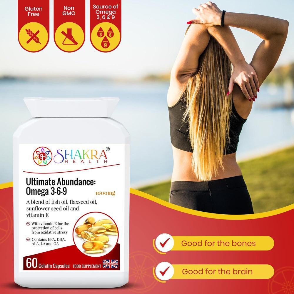 Buy Ultimate Abundance: Omega 3-6-9 Oil High Strength 1000mg Gel Capsules high in EPA & DHA - Try Fish Oil by Shakra Health. Increasing intake of omega-3 fatty acids may be beneficial for cardio health, affecting everything from triglyceride levels to hypetension. You can easily get the benefits of fish oil without eating fish — just grab Ultimate Abundance: Omega 3-6-9! at Sacred Remedy Online