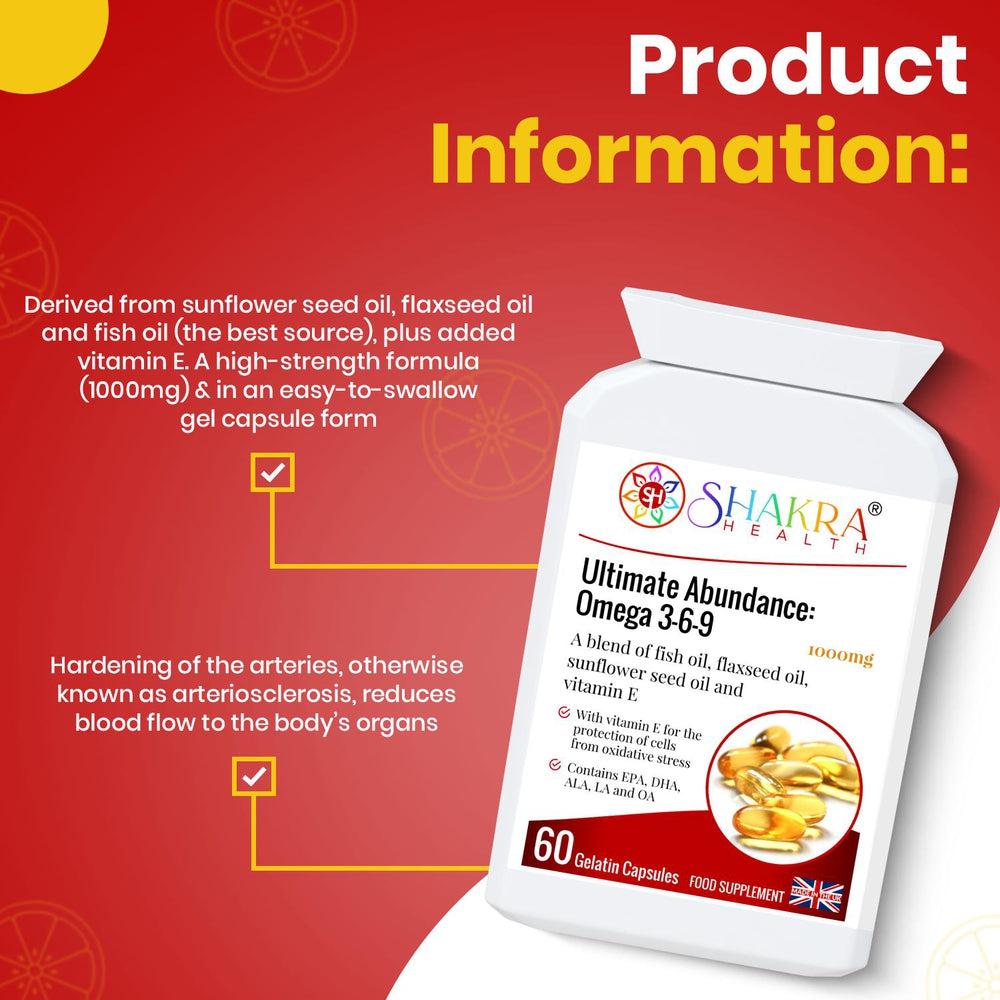 Buy Ultimate Abundance: Omega 3-6-9 Oil High Strength 1000mg Gel Capsules high in EPA & DHA - Try Fish Oil by Shakra Health. Increasing intake of omega-3 fatty acids may be beneficial for cardio health, affecting everything from triglyceride levels to hypetension. You can easily get the benefits of fish oil without eating fish — just grab Ultimate Abundance: Omega 3-6-9! at Sacred Remedy Online