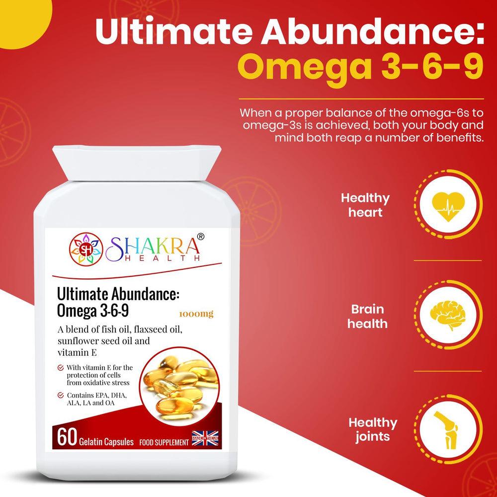 Buy Ultimate Abundance: Omega 3-6-9 Oil High Strength 1000mg Gel Capsules high in EPA & DHA - Try Fish Oil by Shakra Health. Increasing intake of omega-3 fatty acids may be beneficial for cardio health, affecting everything from triglyceride levels to hypetension. You can easily get the benefits of fish oil without eating fish — just grab Ultimate Abundance: Omega 3-6-9! at Sacred Remedy Online