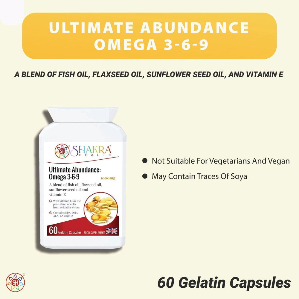 Buy Ultimate Abundance: Omega 3-6-9 Oil High Strength 1000mg Gel Capsules high in EPA & DHA - Try Fish Oil by Shakra Health. Increasing intake of omega-3 fatty acids may be beneficial for cardio health, affecting everything from triglyceride levels to hypetension. You can easily get the benefits of fish oil without eating fish — just grab Ultimate Abundance: Omega 3-6-9! at Sacred Remedy Online