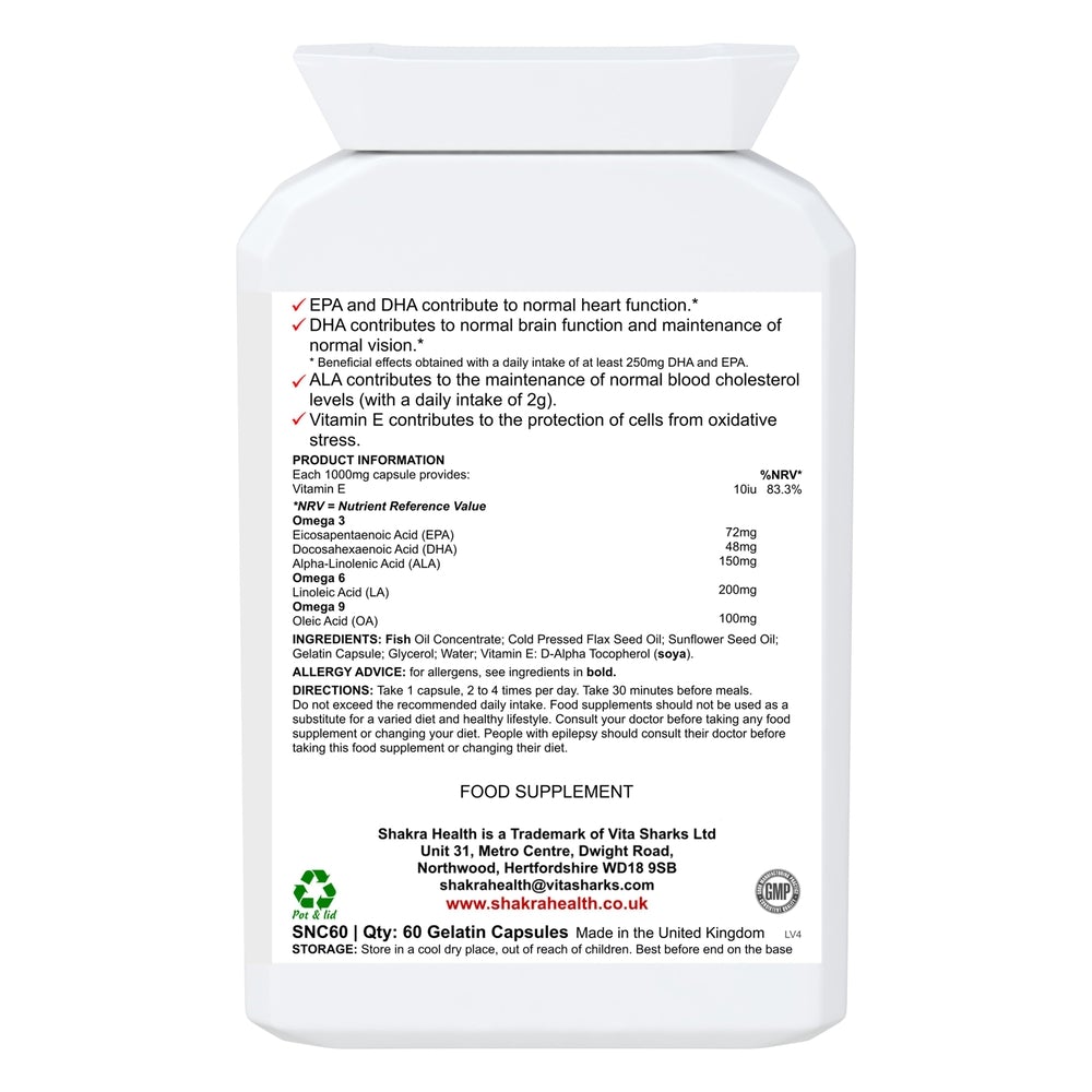 Buy Ultimate Abundance: Omega 3-6-9 Oil High Strength 1000mg Gel Capsules high in EPA & DHA - Try Fish Oil by Shakra Health. Increasing intake of omega-3 fatty acids may be beneficial for cardio health, affecting everything from triglyceride levels to hypetension. You can easily get the benefits of fish oil without eating fish — just grab Ultimate Abundance: Omega 3-6-9! at Sacred Remedy Online