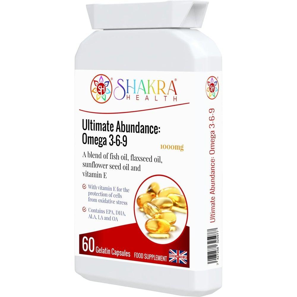 Buy Ultimate Abundance: Omega 3-6-9 Oil High Strength 1000mg Gel Capsules high in EPA & DHA - Try Fish Oil by Shakra Health. Increasing intake of omega-3 fatty acids may be beneficial for cardio health, affecting everything from triglyceride levels to hypetension. You can easily get the benefits of fish oil without eating fish — just grab Ultimate Abundance: Omega 3-6-9! at Sacred Remedy Online