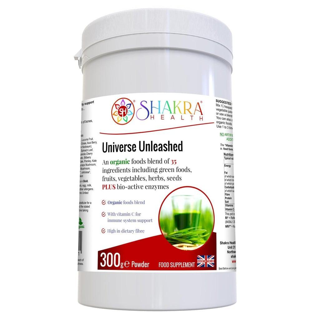 Buy Universe Unleashed | Organic Alkalising, Superfoods & Enzyme Detoxification Supplement - Organic superfood & enzyme combination. Universe Unleashed is no ordinary green shake - this Soil Association organic, high-fibre combination contains 35 green foods, vegetables, fruits, berries, herbs, sprouts, mushrooms and seeds plus bio-active enzymes - organic vegan nutrition made easy, with naturally high food form vitamin C content & plant protein. Supports immunity, digestion (bulk), energy levels, cleansing