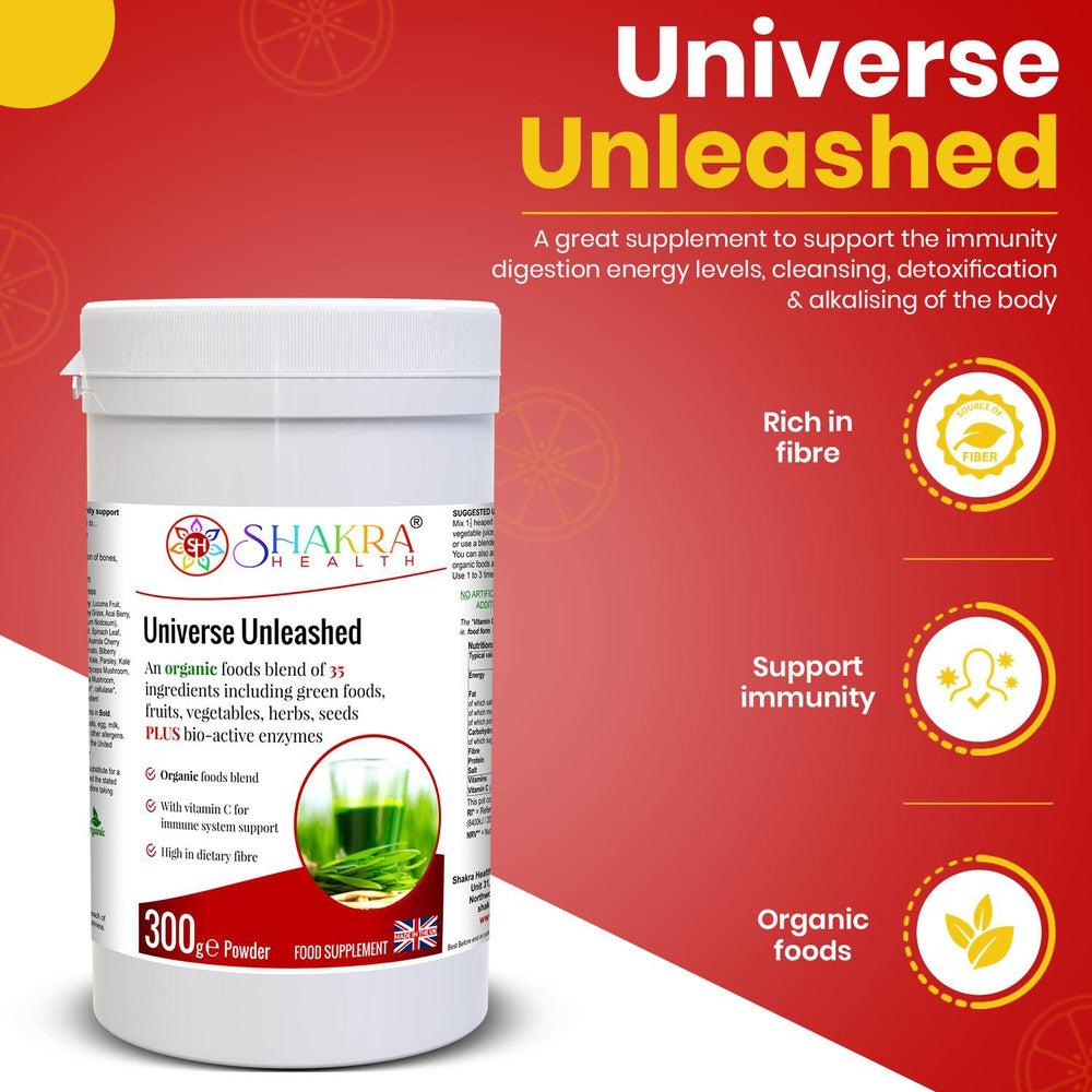 Buy Universe Unleashed | Organic Alkalising, Superfoods & Enzyme Detoxification Supplement - Organic superfood & enzyme combination. Universe Unleashed is no ordinary green shake - this Soil Association organic, high-fibre combination contains 35 green foods, vegetables, fruits, berries, herbs, sprouts, mushrooms and seeds plus bio-active enzymes - organic vegan nutrition made easy, with naturally high food form vitamin C content & plant protein. Supports immunity, digestion (bulk), energy levels, cleansing