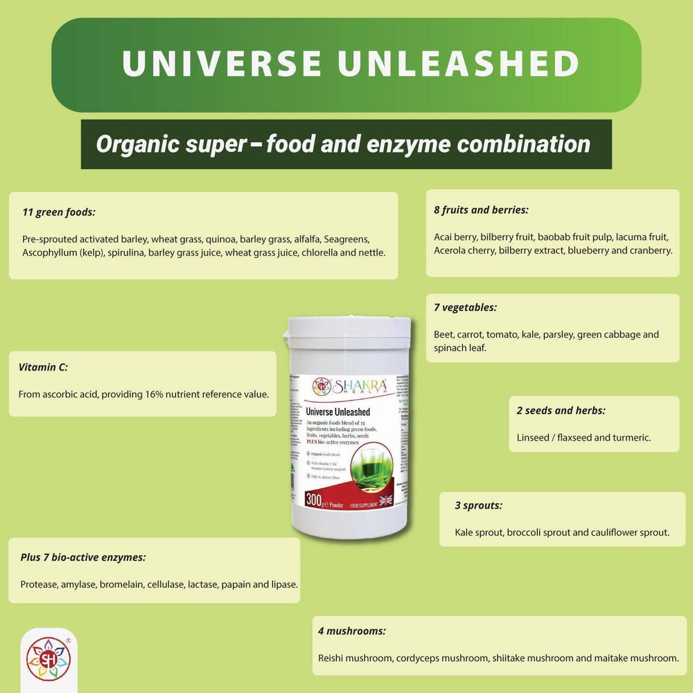 Buy Universe Unleashed | Organic Alkalising, Superfoods & Enzyme Detoxification Supplement - Organic superfood & enzyme combination. Universe Unleashed is no ordinary green shake - this Soil Association organic, high-fibre combination contains 35 green foods, vegetables, fruits, berries, herbs, sprouts, mushrooms and seeds plus bio-active enzymes - organic vegan nutrition made easy, with naturally high food form vitamin C content & plant protein. Supports immunity, digestion (bulk), energy levels, cleansing