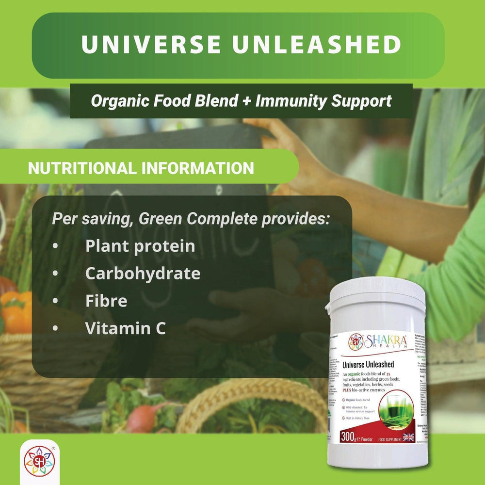 Buy Universe Unleashed | Organic Alkalising, Superfoods & Enzyme Detoxification Supplement - Organic superfood & enzyme combination. Universe Unleashed is no ordinary green shake - this Soil Association organic, high-fibre combination contains 35 green foods, vegetables, fruits, berries, herbs, sprouts, mushrooms and seeds plus bio-active enzymes - organic vegan nutrition made easy, with naturally high food form vitamin C content & plant protein. Supports immunity, digestion (bulk), energy levels, cleansing