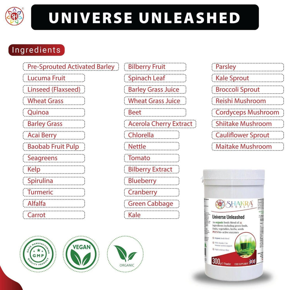 Buy Universe Unleashed | Organic Alkalising, Superfoods & Enzyme Detoxification Supplement - Organic superfood & enzyme combination. Universe Unleashed is no ordinary green shake - this Soil Association organic, high-fibre combination contains 35 green foods, vegetables, fruits, berries, herbs, sprouts, mushrooms and seeds plus bio-active enzymes - organic vegan nutrition made easy, with naturally high food form vitamin C content & plant protein. Supports immunity, digestion (bulk), energy levels, cleansing