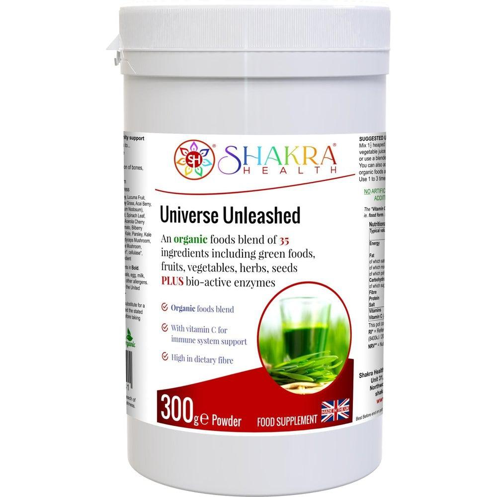 Buy Universe Unleashed | Organic Alkalising, Superfoods & Enzyme Detoxification Supplement - Organic superfood & enzyme combination. Universe Unleashed is no ordinary green shake - this Soil Association organic, high-fibre combination contains 35 green foods, vegetables, fruits, berries, herbs, sprouts, mushrooms and seeds plus bio-active enzymes - organic vegan nutrition made easy, with naturally high food form vitamin C content & plant protein. Supports immunity, digestion (bulk), energy levels, cleansing