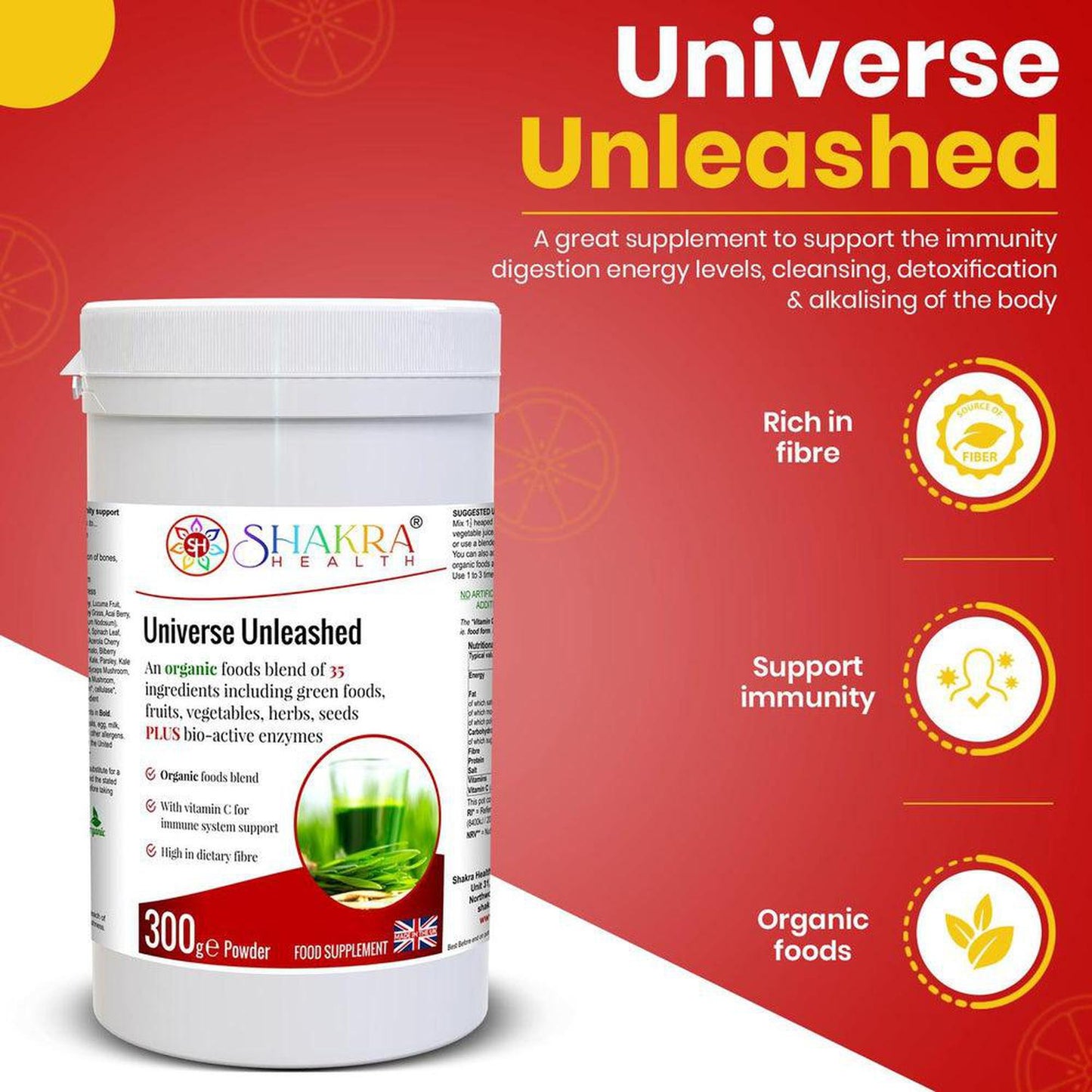 Universe Unleashed | Organic Alkalising, Superfoods & Enzyme Detoxification Supplement - Organic superfood & enzyme combination. Universe Unleashed is no ordinary green shake - this Soil Association organic, high-fibre combination contains 35 green foods, vegetables, fruits, berries, herbs, sprouts, mushrooms and seeds plus bio-active enzymes - organic vegan nutrition made easy, with naturally high food form vitamin C content & plant protein. Supports immunity, digestion (bulk), energy levels, cleansing, de