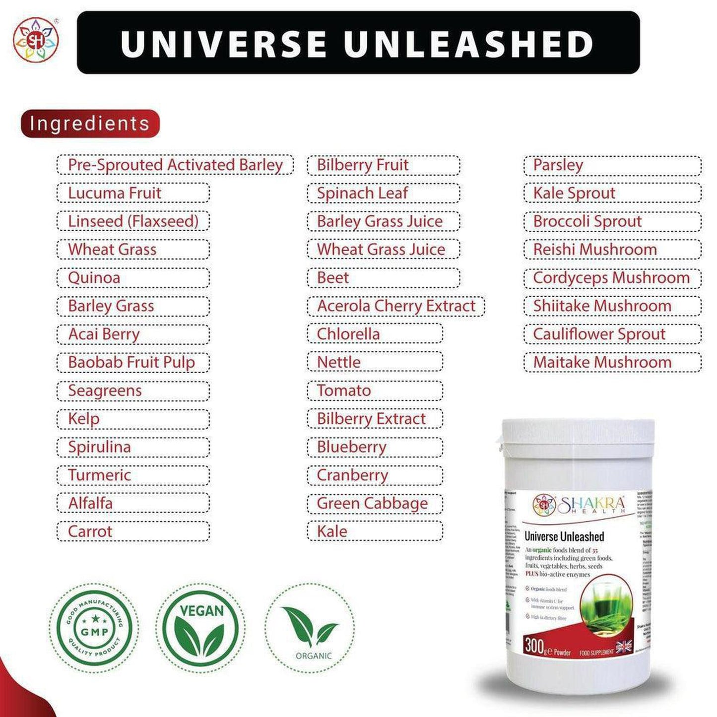 Universe Unleashed | Organic Alkalising, Superfoods & Enzyme Detoxification Supplement - Organic superfood & enzyme combination. Universe Unleashed is no ordinary green shake - this Soil Association organic, high-fibre combination contains 35 green foods, vegetables, fruits, berries, herbs, sprouts, mushrooms and seeds plus bio-active enzymes - organic vegan nutrition made easy, with naturally high food form vitamin C content & plant protein. Supports immunity, digestion (bulk), energy levels, cleansing, de