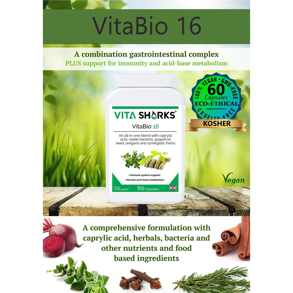 Buy VitaBio 16 | Anti-Candida, Healthy Gut, Yeast Balance & Detox Formula Natural Supplement - Clinical trials have shown that a course of probiotics may also help shorten the length of certain sickness such as diarrhoea, colds and flu; as well as reducing symptoms caused by food intolerances and and an irritable bowel. at Sacred Remedy Online