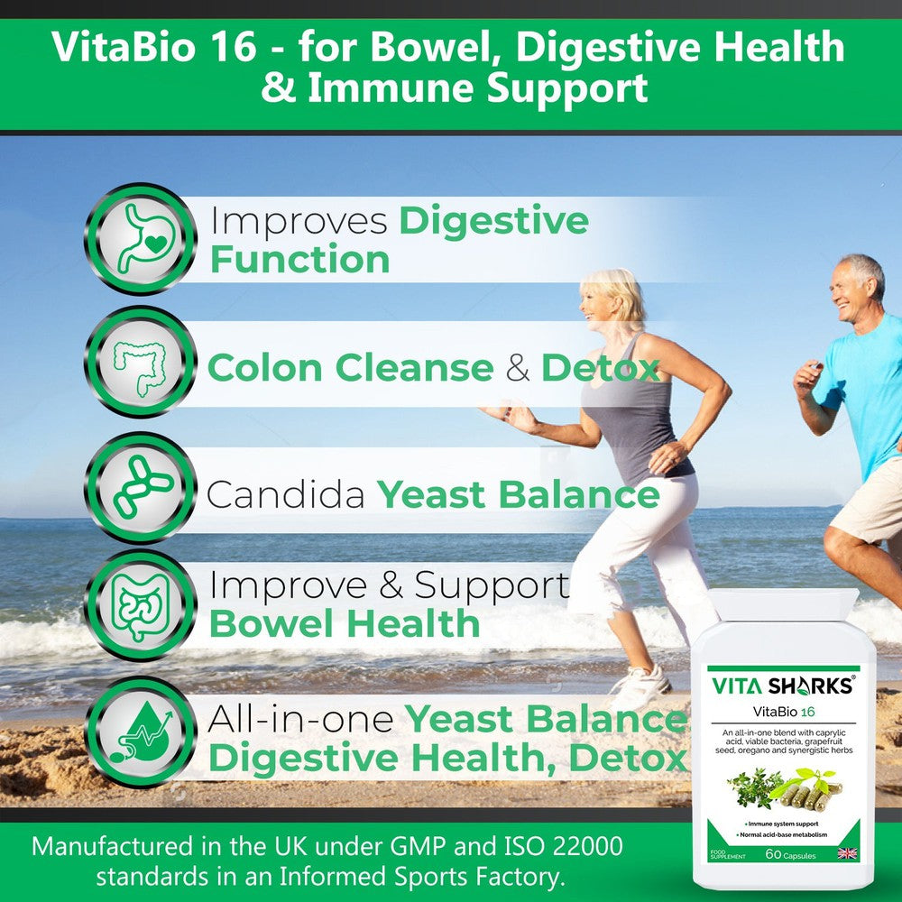 Buy VitaBio 16 | Anti-Candida, Healthy Gut, Yeast Balance & Detox Formula Natural Supplement - Clinical trials have shown that a course of probiotics may also help shorten the length of certain sickness such as diarrhoea, colds and flu; as well as reducing symptoms caused by food intolerances and and an irritable bowel. at Sacred Remedy Online