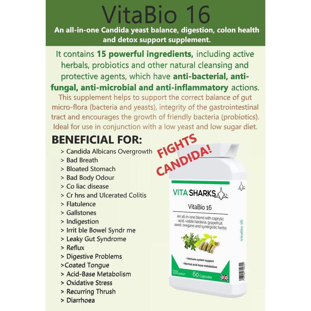 Buy VitaBio 16 | Anti-Candida, Healthy Gut, Yeast Balance & Detox Formula Natural Supplement - Clinical trials have shown that a course of probiotics may also help shorten the length of certain sickness such as diarrhoea, colds and flu; as well as reducing symptoms caused by food intolerances and and an irritable bowel. at Sacred Remedy Online