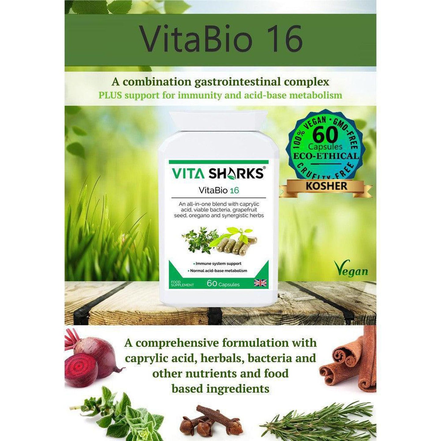 VitaBio 16 | Anti-Candida, Healthy Gut, Yeast Balance & Detox Formula Natural Supplement - Clinical trials have shown that a course of probiotics may also help shorten the length of certain sickness such as diarrhoea, colds and flu; as well as reducing symptoms caused by food intolerances and and an irritable bowel. Buy Now at Sacred Remedy