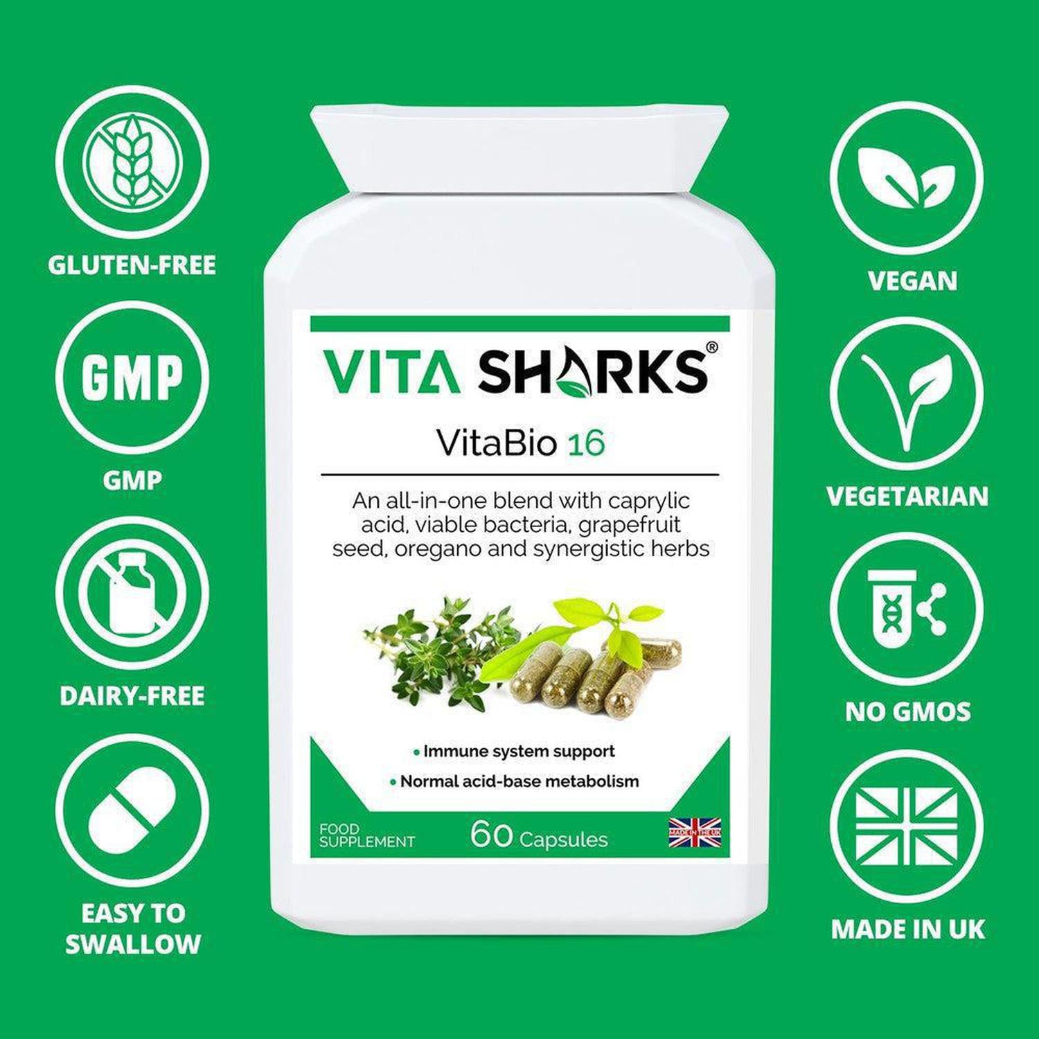 VitaBio 16 | Anti-Candida, Healthy Gut, Yeast Balance & Detox Formula Natural Supplement - Clinical trials have shown that a course of probiotics may also help shorten the length of certain sickness such as diarrhoea, colds and flu; as well as reducing symptoms caused by food intolerances and and an irritable bowel. Buy Now at Sacred Remedy