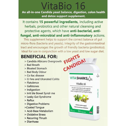 VitaBio 16 | Anti-Candida, Healthy Gut, Yeast Balance & Detox Formula Natural Supplement - Clinical trials have shown that a course of probiotics may also help shorten the length of certain sickness such as diarrhoea, colds and flu; as well as reducing symptoms caused by food intolerances and and an irritable bowel. Buy Now at Sacred Remedy