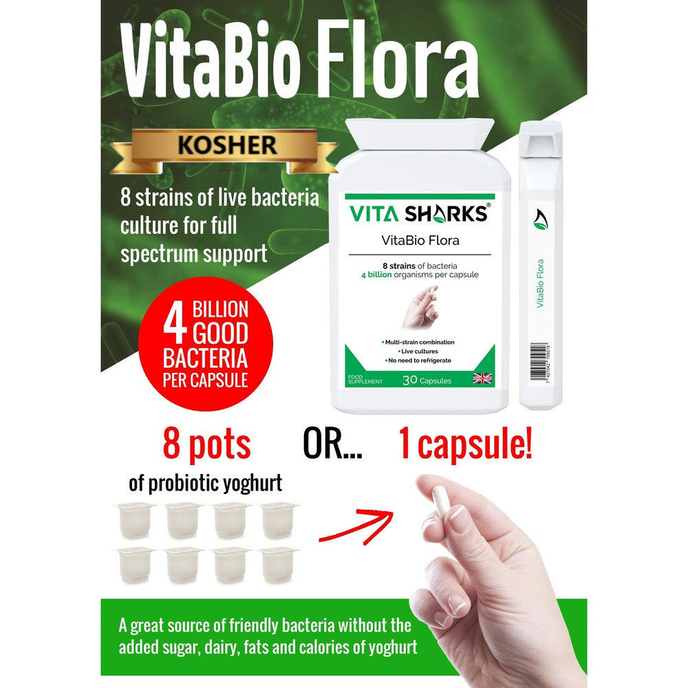 Buy VitaBio Flora | Vegan Multi-Strain Probiotic. High Strength Natural Immune & Gut Support - A high-strength, multi-strain probiotic health supplement with 4 billion friendly bacteria per capsule. Specifically formulated for natural health practitioners who treat digestive and intestinal disorders. Ideal for use following antibiotics, travelling abroad and colonic hydrotherapy treatment. at Sacred Remedy Online