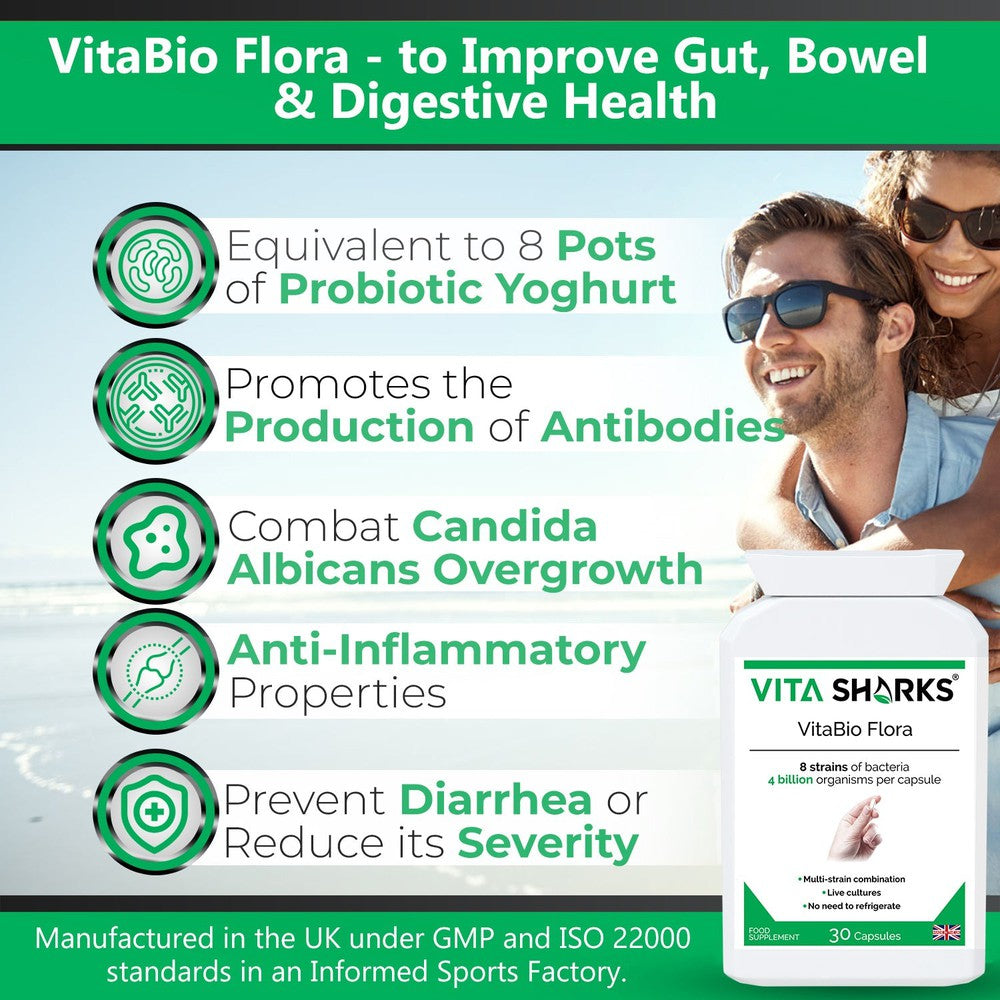 Buy VitaBio Flora | Vegan Multi-Strain Probiotic. High Strength Natural Immune & Gut Support - A high-strength, multi-strain probiotic health supplement with 4 billion friendly bacteria per capsule. Specifically formulated for natural health practitioners who treat digestive and intestinal disorders. Ideal for use following antibiotics, travelling abroad and colonic hydrotherapy treatment. at Sacred Remedy Online