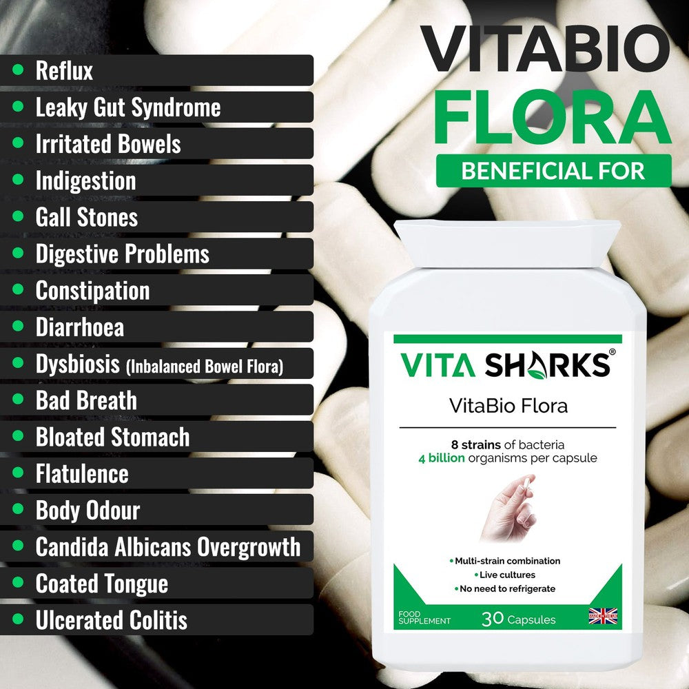 Buy VitaBio Flora | Vegan Multi-Strain Probiotic. High Strength Natural Immune & Gut Support - A high-strength, multi-strain probiotic health supplement with 4 billion friendly bacteria per capsule. Specifically formulated for natural health practitioners who treat digestive and intestinal disorders. Ideal for use following antibiotics, travelling abroad and colonic hydrotherapy treatment. at Sacred Remedy Online