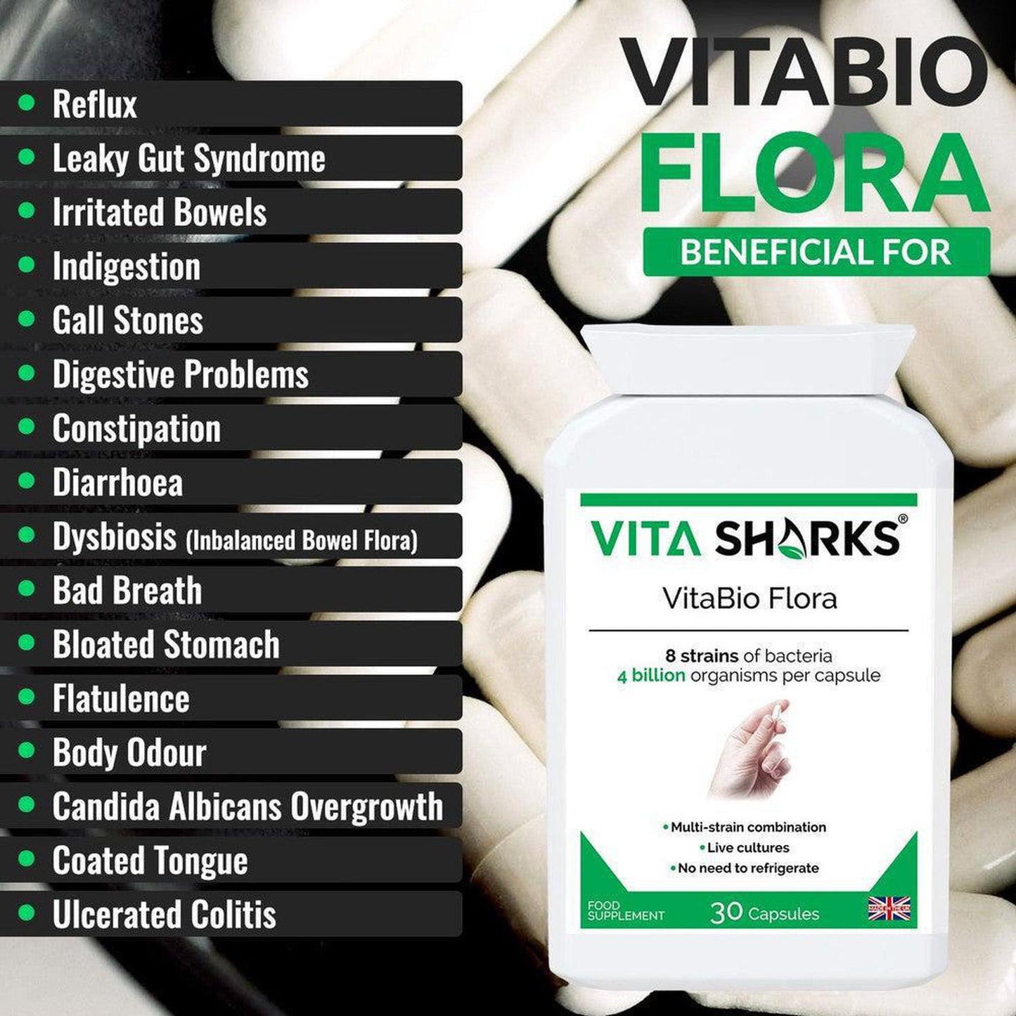 VitaBio Flora | Vegan Multi-Strain Probiotic. High Strength Natural Immune & Gut Support - A high-strength, multi-strain probiotic health supplement with 4 billion friendly bacteria per capsule. Specifically formulated for natural health practitioners who treat digestive and intestinal disorders. Ideal for use following antibiotics, travelling abroad and colonic hydrotherapy treatment. Buy Now at Sacred Remedy