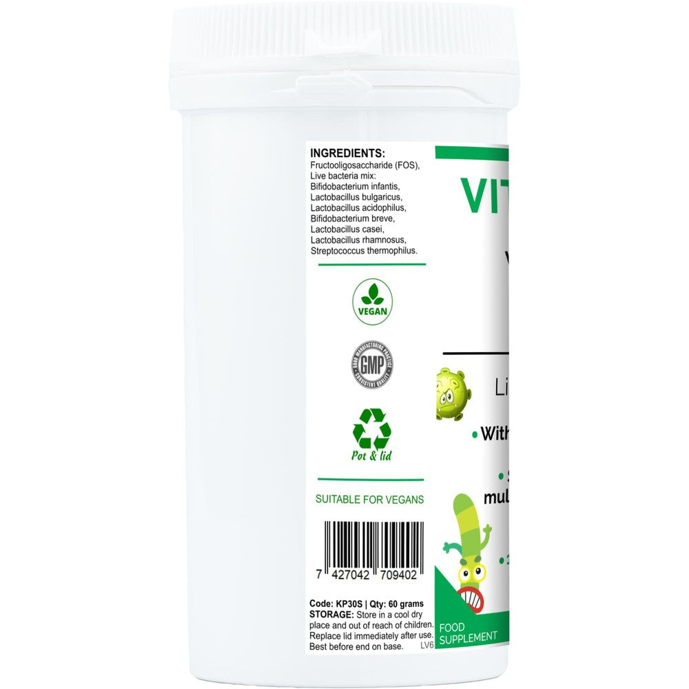 Buy VitaBio Kids Complex | Childrens Probiotic Supplement. Immune & Optimum Health Support - A probiotic health supplement for kids, suitable for babies & children of all ages. Designed to support healthy levels of intestinal flora after a course of antibiotics or following a digestive upset. It can also offer immunity support when returning to playgroups or pre-school and germs and viruses can be prevalent. at Sacred Remedy Online