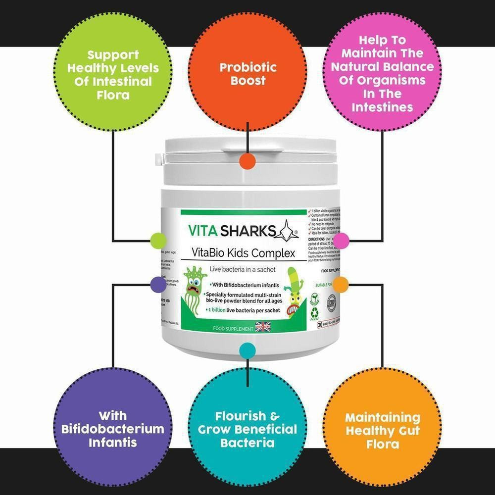 Buy VitaBio Kids Complex | Childrens Probiotic Supplement. Immune & Optimum Health Support - A probiotic health supplement for kids, suitable for babies & children of all ages. Designed to support healthy levels of intestinal flora after a course of antibiotics or following a digestive upset. It can also offer immunity support when returning to playgroups or pre-school and germs and viruses can be prevalent. at Sacred Remedy Online