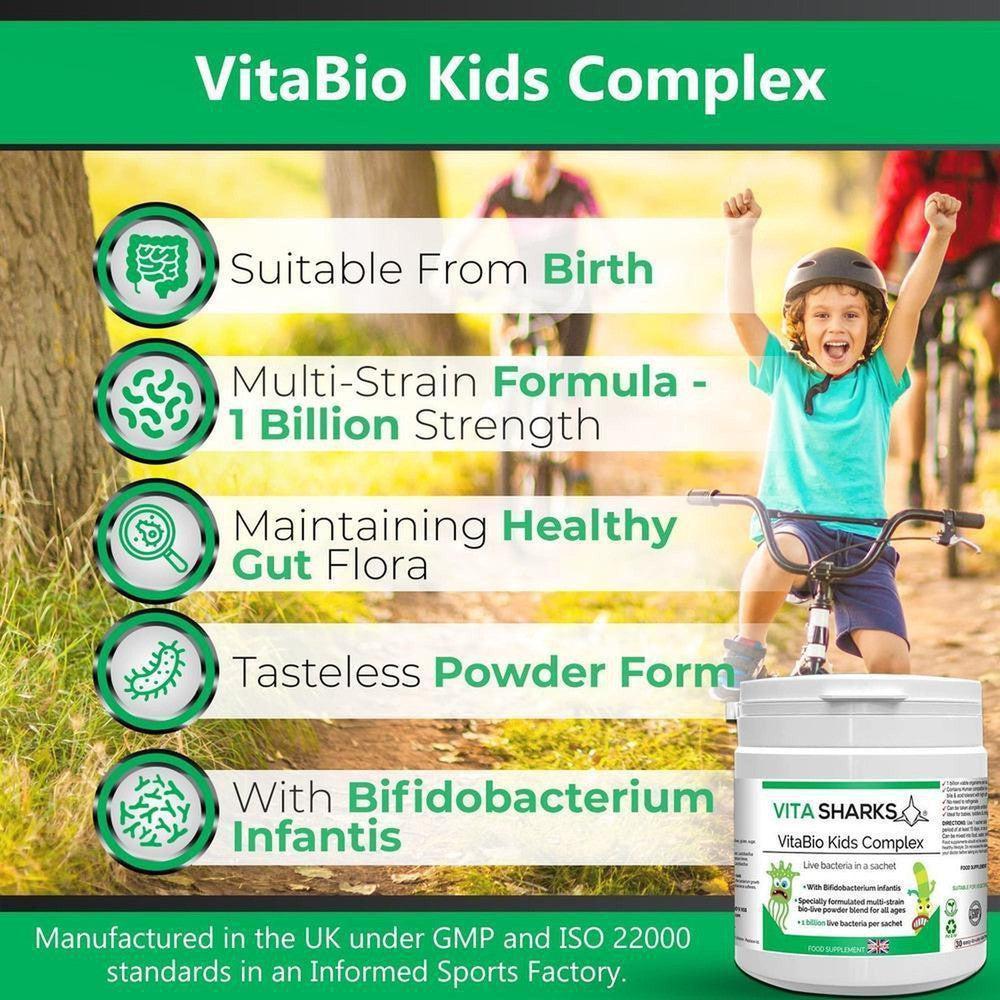 Buy VitaBio Kids Complex | Childrens Probiotic Supplement. Immune & Optimum Health Support - A probiotic health supplement for kids, suitable for babies & children of all ages. Designed to support healthy levels of intestinal flora after a course of antibiotics or following a digestive upset. It can also offer immunity support when returning to playgroups or pre-school and germs and viruses can be prevalent. at Sacred Remedy Online