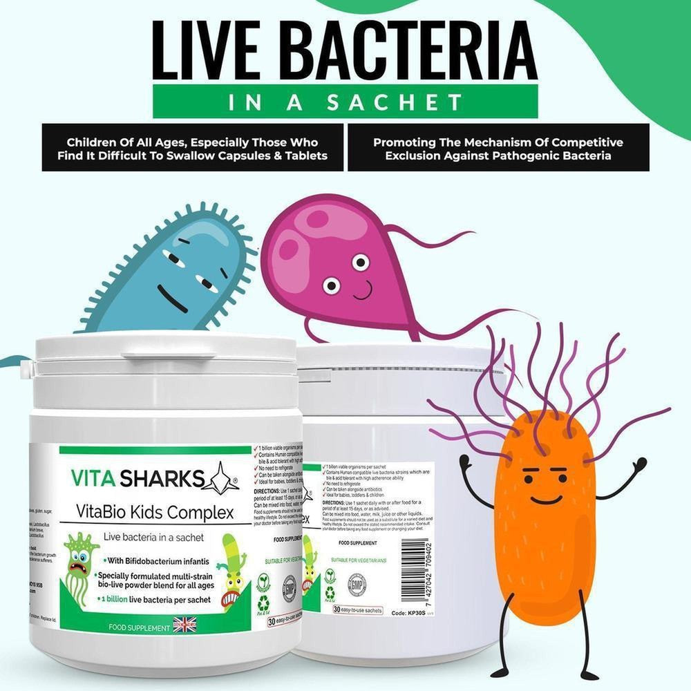 Buy VitaBio Kids Complex | Childrens Probiotic Supplement. Immune & Optimum Health Support - A probiotic health supplement for kids, suitable for babies & children of all ages. Designed to support healthy levels of intestinal flora after a course of antibiotics or following a digestive upset. It can also offer immunity support when returning to playgroups or pre-school and germs and viruses can be prevalent. at Sacred Remedy Online