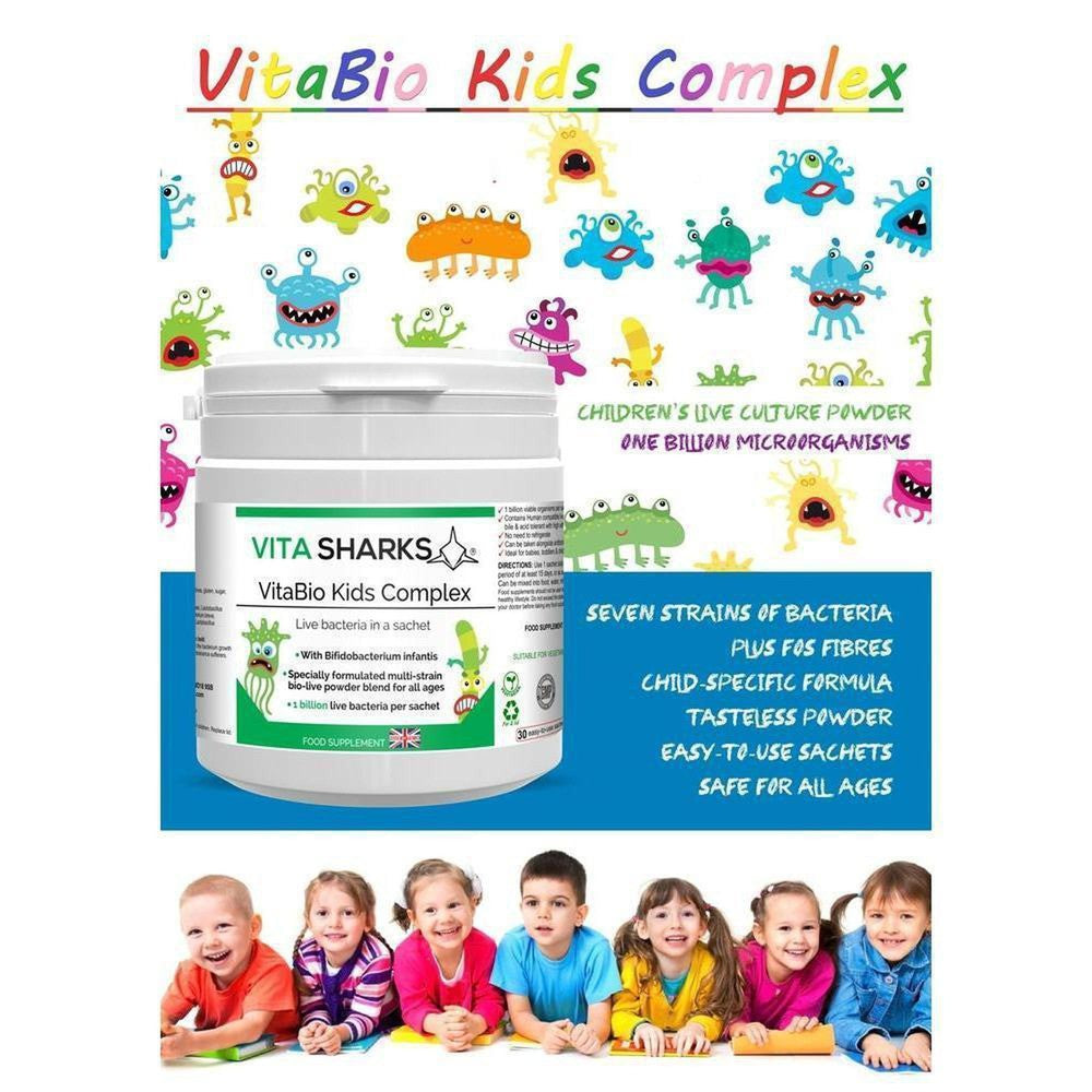 Buy VitaBio Kids Complex | Childrens Probiotic Supplement. Immune & Optimum Health Support - A probiotic health supplement for kids, suitable for babies & children of all ages. Designed to support healthy levels of intestinal flora after a course of antibiotics or following a digestive upset. It can also offer immunity support when returning to playgroups or pre-school and germs and viruses can be prevalent. at Sacred Remedy Online