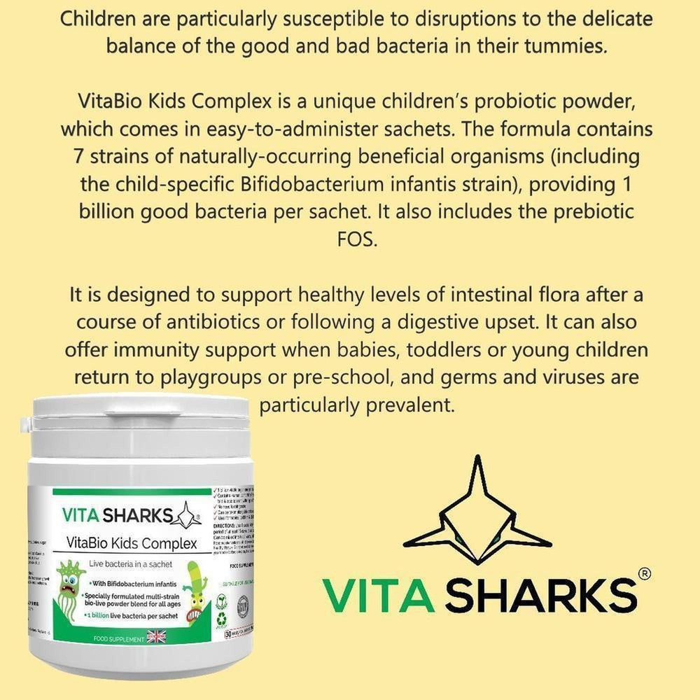 Buy VitaBio Kids Complex | Childrens Probiotic Supplement. Immune & Optimum Health Support - A probiotic health supplement for kids, suitable for babies & children of all ages. Designed to support healthy levels of intestinal flora after a course of antibiotics or following a digestive upset. It can also offer immunity support when returning to playgroups or pre-school and germs and viruses can be prevalent. at Sacred Remedy Online