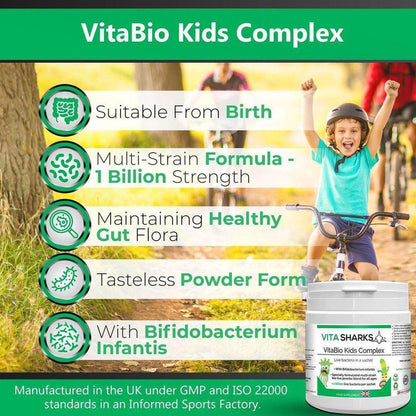 VitaBio Kids Complex | Childrens Probiotic Supplement. Immune & Optimum Health Support - A probiotic health supplement for kids, suitable for babies & children of all ages. Designed to support healthy levels of intestinal flora after a course of antibiotics or following a digestive upset. It can also offer immunity support when returning to playgroups or pre-school and germs and viruses can be prevalent. Buy Now at Sacred Remedy
