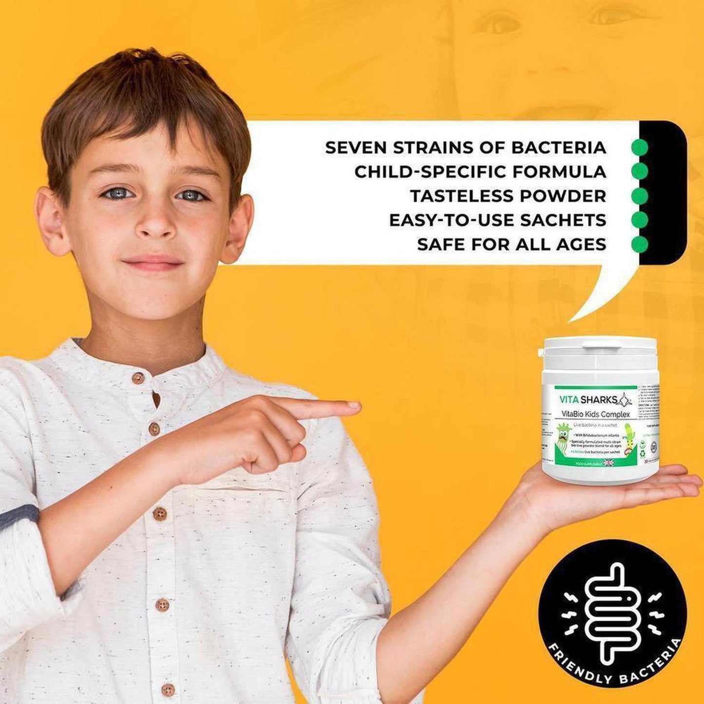 VitaBio Kids Complex | Childrens Probiotic Supplement. Immune & Optimum Health Support - A probiotic health supplement for kids, suitable for babies & children of all ages. Designed to support healthy levels of intestinal flora after a course of antibiotics or following a digestive upset. It can also offer immunity support when returning to playgroups or pre-school and germs and viruses can be prevalent. Buy Now at Sacred Remedy