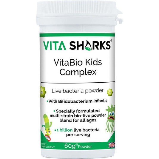 VitaBio Kids Complex | Childrens Probiotic Supplement. Immune & Optimum Health Support - A probiotic health supplement for kids, suitable for babies & children of all ages. Designed to support healthy levels of intestinal flora after a course of antibiotics or following a digestive upset. It can also offer immunity support when returning to playgroups or pre-school and germs and viruses can be prevalent. Buy Now at Sacred Remedy