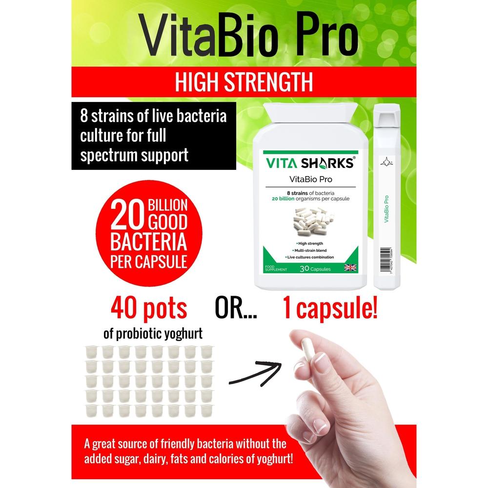 Buy VitaBio Pro | Vegan Multi-Strain Probiotic, Practitioner Strength Supplement - VitaBio Pro is a practitioner-strength, multi-strain probiotic supplement with 20 billion friendly bacteria per capsule - equivalent to 40 pots of probiotic yoghurt, but without the added sugar, dairy and fat. It provides 8 strains of friendly lactic bacteria which should inhabit a healthy gut, and offers full-spectrum support of the upper and lower bowel. at Sacred Remedy Online