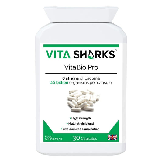 Buy VitaBio Pro | Vegan Multi-Strain Probiotic, Practitioner Strength Supplement - VitaBio Pro is a practitioner-strength, multi-strain probiotic supplement with 20 billion friendly bacteria per capsule - equivalent to 40 pots of probiotic yoghurt, but without the added sugar, dairy and fat. It provides 8 strains of friendly lactic bacteria which should inhabit a healthy gut, and offers full-spectrum support of the upper and lower bowel. at Sacred Remedy Online