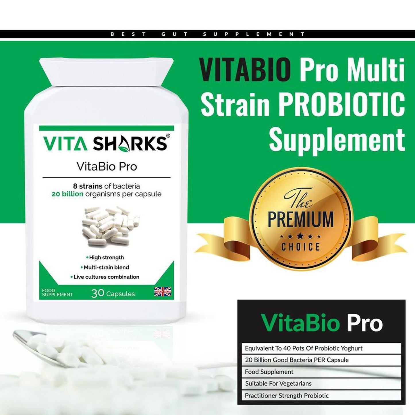 VitaBio Pro | Vegan Multi-Strain Probiotic, Practitioner Strength Supplement - VitaBio Pro is a practitioner-strength, multi-strain probiotic supplement with 20 billion friendly bacteria per capsule - equivalent to 40 pots of probiotic yoghurt, but without the added sugar, dairy and fat. It provides 8 strains of friendly lactic bacteria which should inhabit a healthy gut, and offers full-spectrum support of the upper and lower bowel. Buy Now at Sacred Remedy