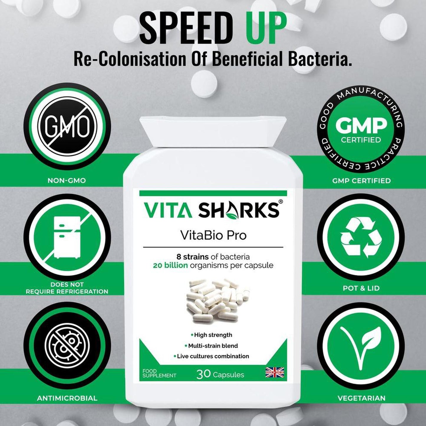 VitaBio Pro | Vegan Multi-Strain Probiotic, Practitioner Strength Supplement - VitaBio Pro is a practitioner-strength, multi-strain probiotic supplement with 20 billion friendly bacteria per capsule - equivalent to 40 pots of probiotic yoghurt, but without the added sugar, dairy and fat. It provides 8 strains of friendly lactic bacteria which should inhabit a healthy gut, and offers full-spectrum support of the upper and lower bowel. Buy Now at Sacred Remedy