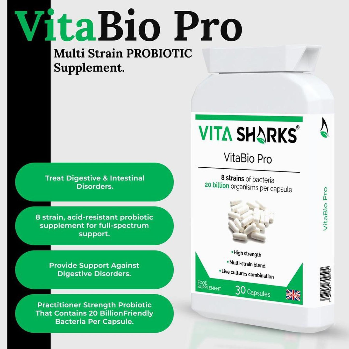 VitaBio Pro | Vegan Multi-Strain Probiotic, Practitioner Strength Supplement - VitaBio Pro is a practitioner-strength, multi-strain probiotic supplement with 20 billion friendly bacteria per capsule - equivalent to 40 pots of probiotic yoghurt, but without the added sugar, dairy and fat. It provides 8 strains of friendly lactic bacteria which should inhabit a healthy gut, and offers full-spectrum support of the upper and lower bowel. Buy Now at Sacred Remedy