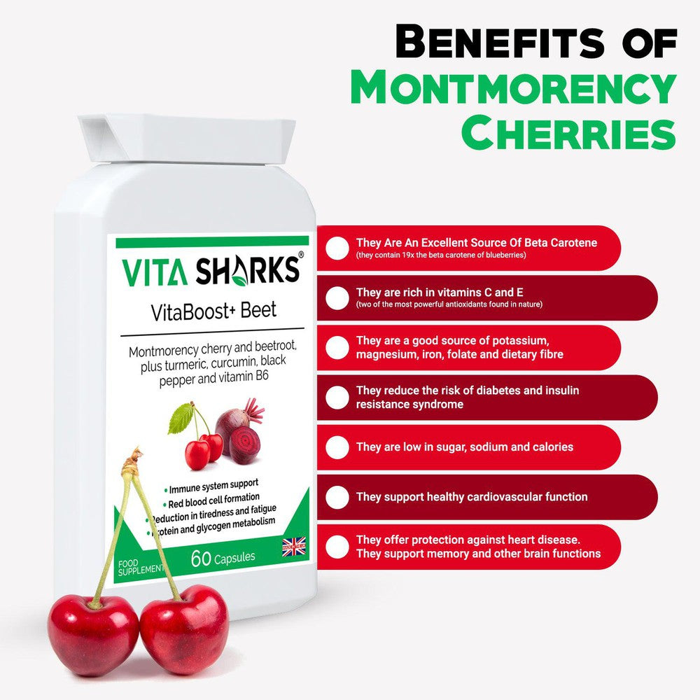 Buy VitaBoost+ Beet | Montmorency Cherry & Beetroot Forrmula Antioxidant Supplement - A supplement high in bioavailable antioxidants (including anthocyanins) containing non-irritating iron; with black pepper increasing absorption and utilisation of the beneficial ingredients in the formula. Supporting the reduction of tiredness and fatigue, energy-yielding metabolism, immunity, red blood cell formation. at Sacred Remedy Online