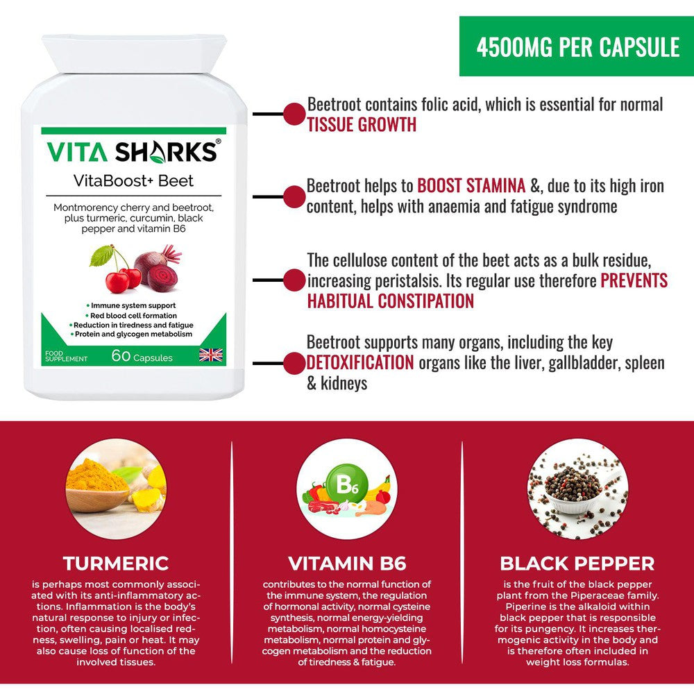 Buy VitaBoost+ Beet | Montmorency Cherry & Beetroot Forrmula Antioxidant Supplement - A supplement high in bioavailable antioxidants (including anthocyanins) containing non-irritating iron; with black pepper increasing absorption and utilisation of the beneficial ingredients in the formula. Supporting the reduction of tiredness and fatigue, energy-yielding metabolism, immunity, red blood cell formation. at Sacred Remedy Online