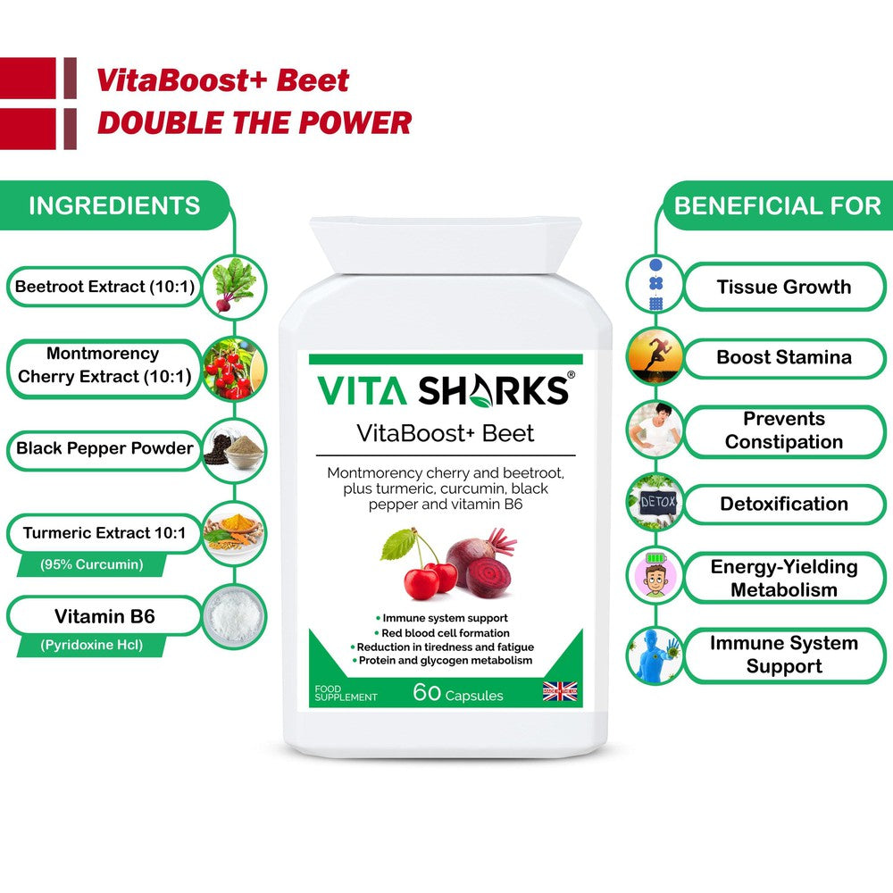 Buy VitaBoost+ Beet | Montmorency Cherry & Beetroot Forrmula Antioxidant Supplement - A supplement high in bioavailable antioxidants (including anthocyanins) containing non-irritating iron; with black pepper increasing absorption and utilisation of the beneficial ingredients in the formula. Supporting the reduction of tiredness and fatigue, energy-yielding metabolism, immunity, red blood cell formation. at Sacred Remedy Online